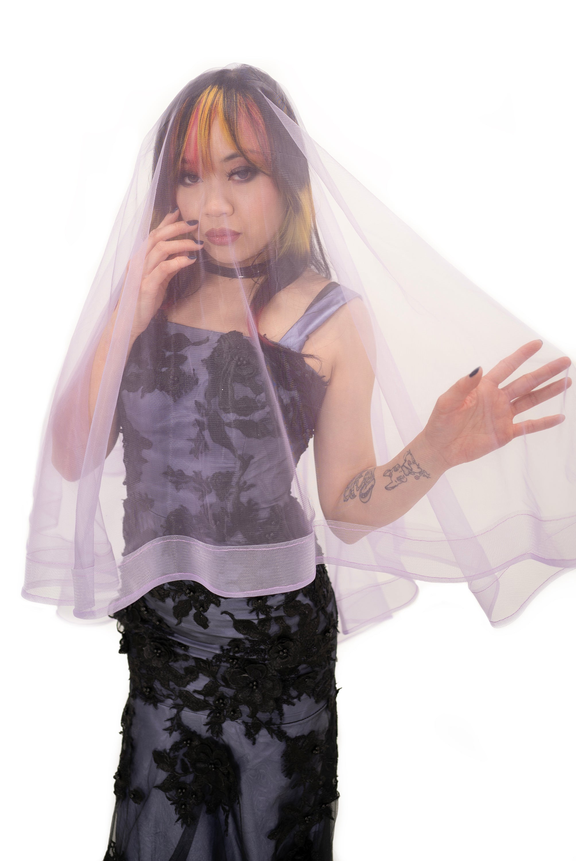 Sheer purple altar veil by Bête Noire close up front view with soft layered tulle