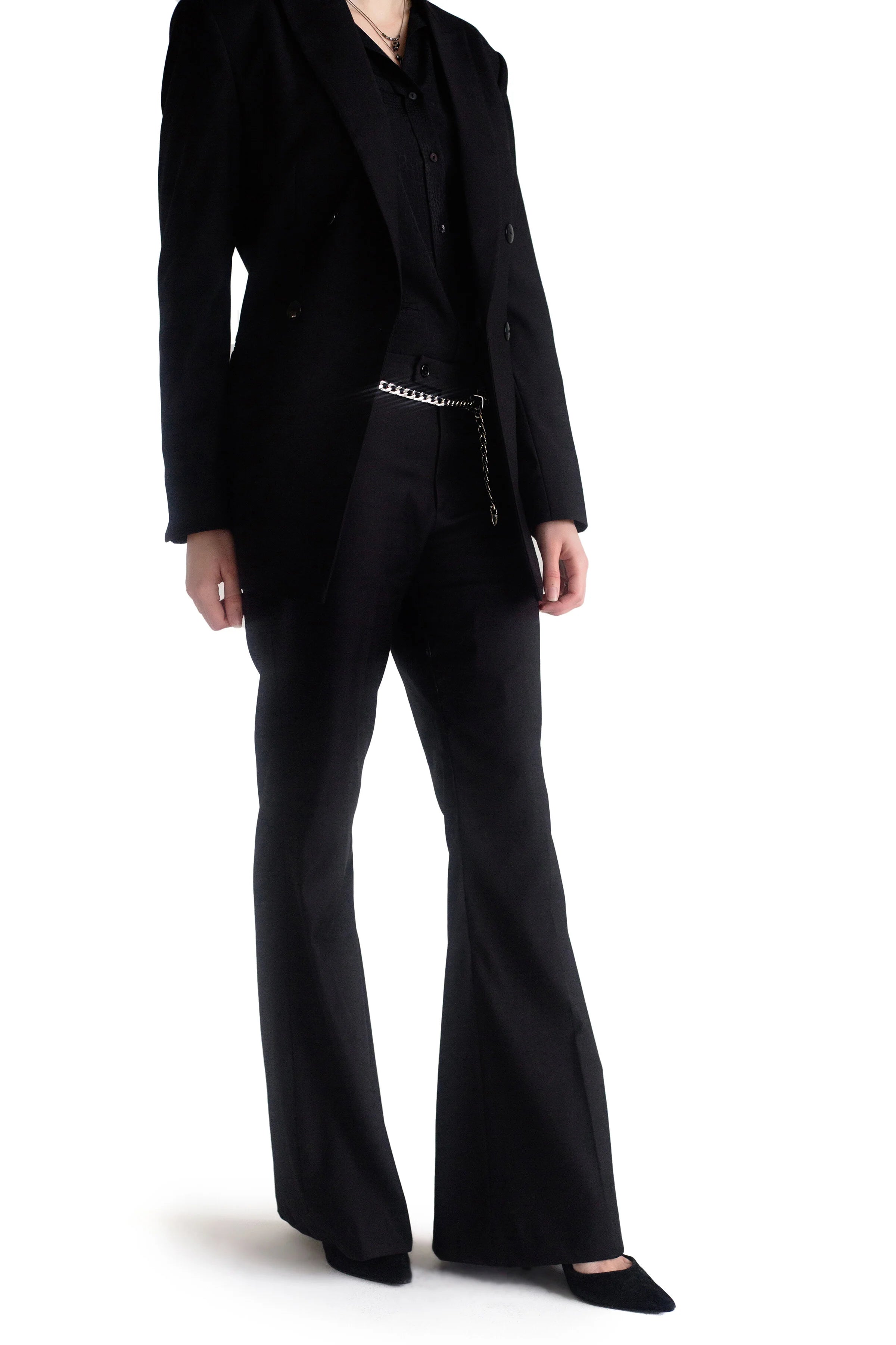 Black flared tailored suit trousers with sculpted fit and wide leg flare