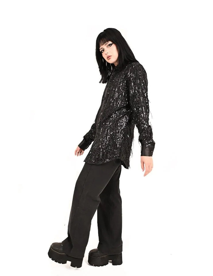Obscura sequin button up styled with alternative menswear outfit