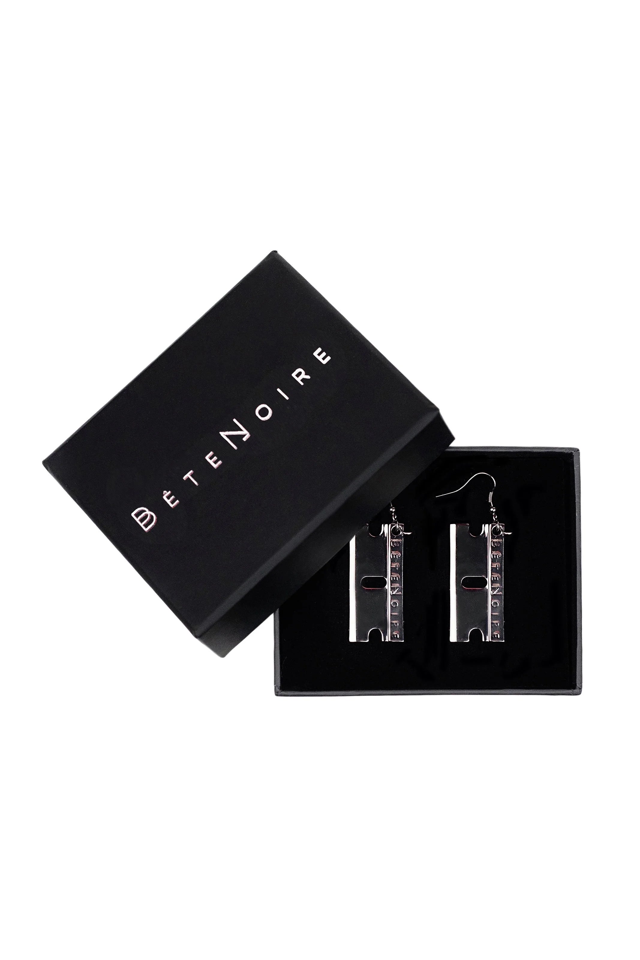 Pair of Relentless Razor blade earrings in gunmetal finish