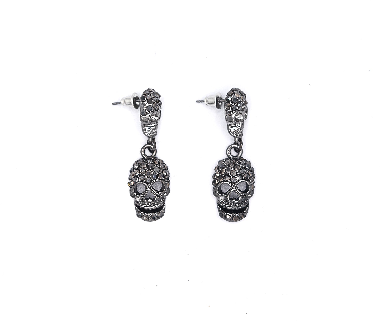 Gunmetal skull earrings with dark metallic finish