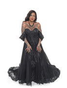 Alternative bridal black corset gown with lace detailing and soft tulle skirt