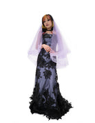 Purple gothic bridal veil by Bête Noire worn over black lace gown front view