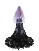 Short purple gothic bridal veil by Bête Noire back view with layered tulle over gown