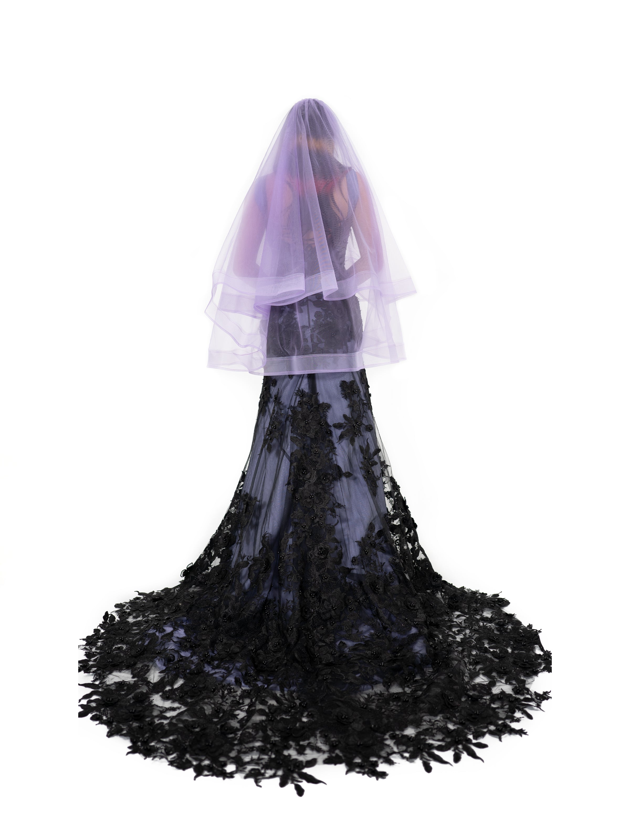 Short purple gothic bridal veil by Bête Noire back view with layered tulle over gown