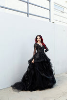 Black tiered gothic ballgown with crystal lace detailing