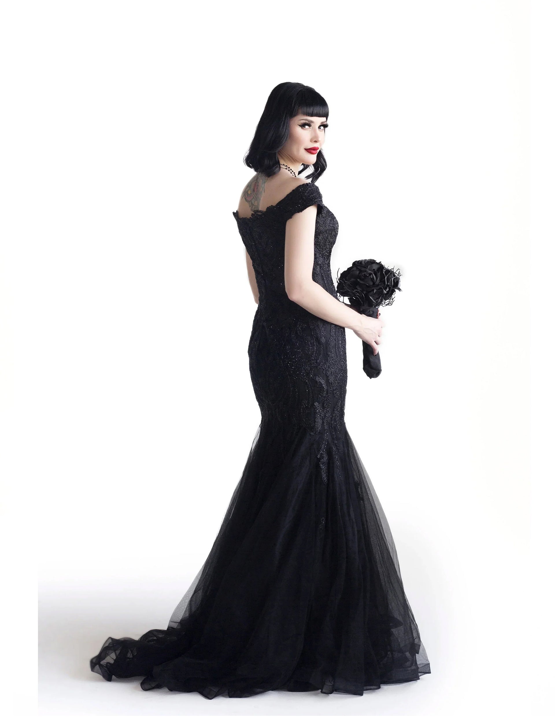 belle dress black 'Belle' Black Off Shoulder Floral Lace Maxi Dress