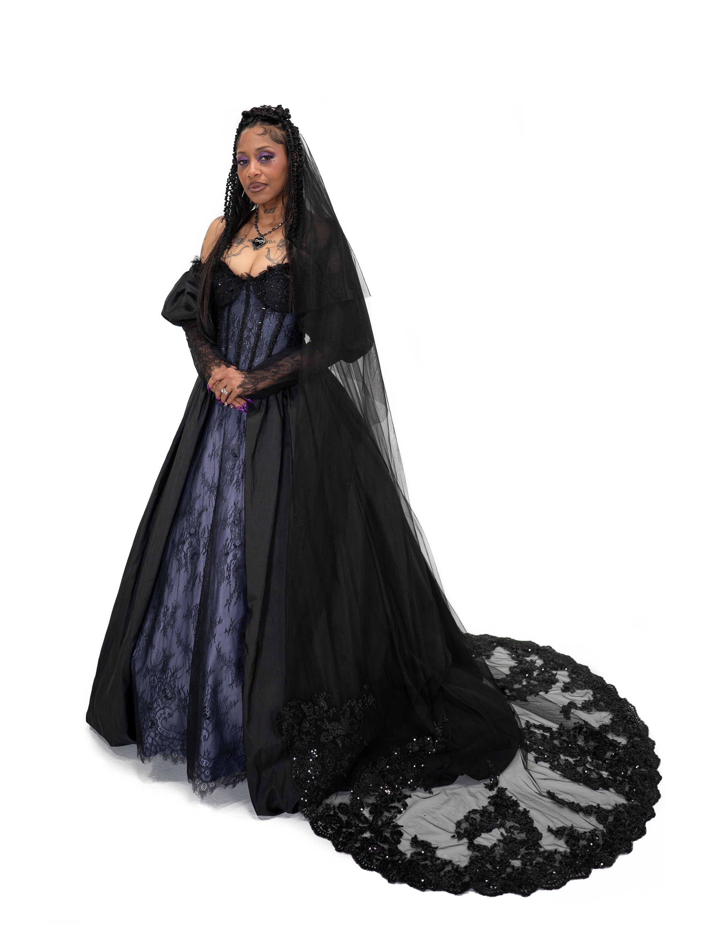 Black chapel veil by Bête Noire styled with gothic bridal gown front view