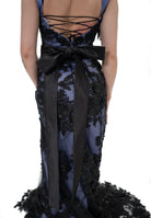 Back view of Bête Noire Crypt belt with long satin bow and lace-up back on gothic gown