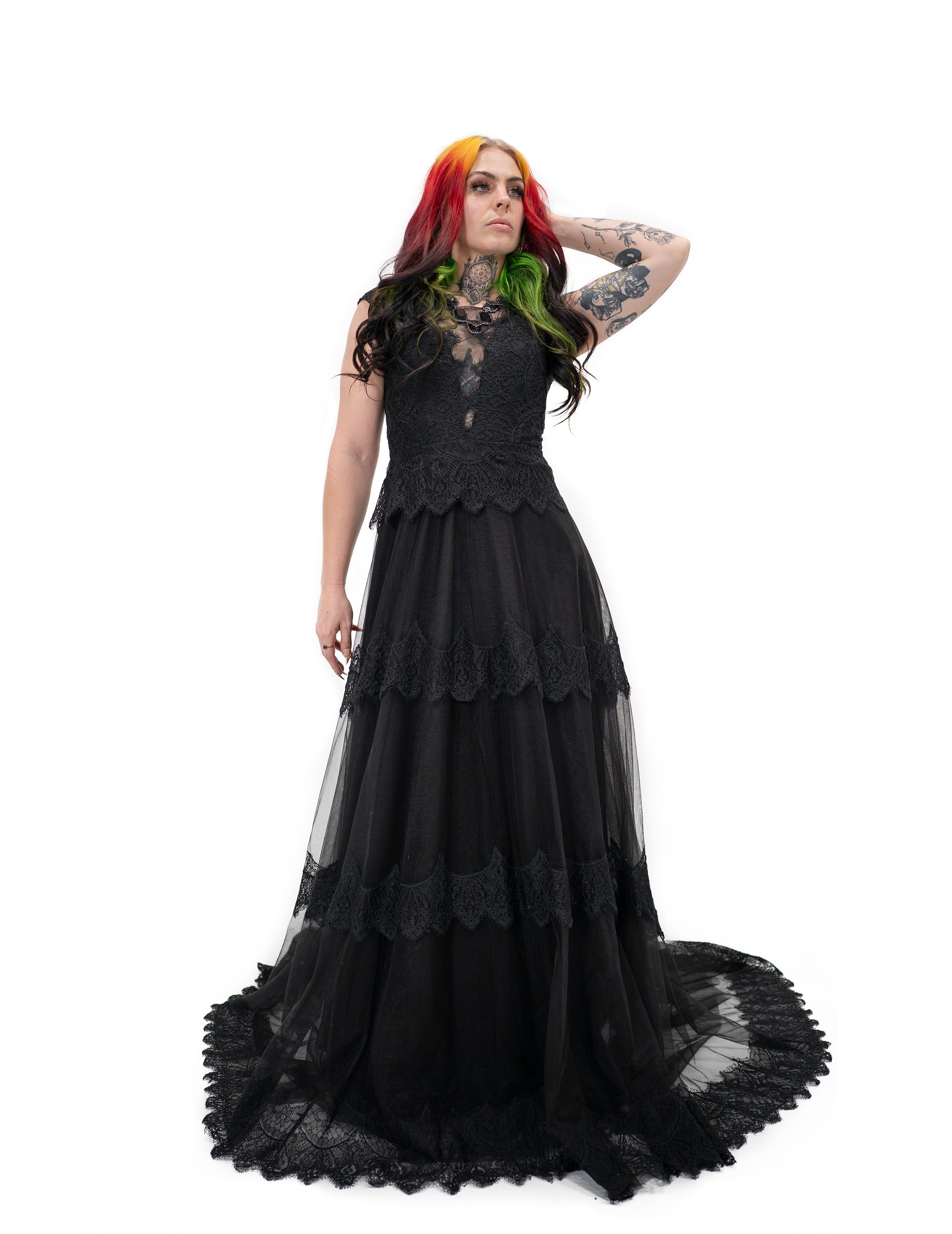 Bête Noire Devotion gown black gothic wedding dress front view with lace bodice and layered tulle skirt.