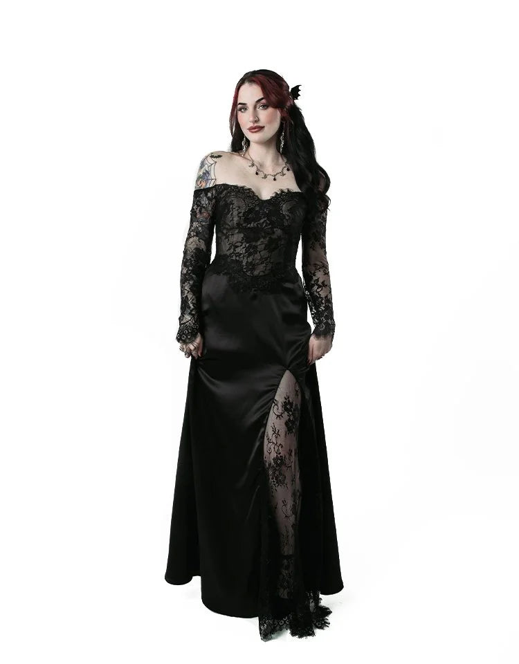 Black gothic evening dress with dramatic silhouette
