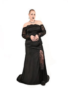 Black satin mermaid gown with gothic silhouette