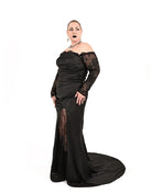 Lace peekaboo leg slit on Excommunicated gothic gown