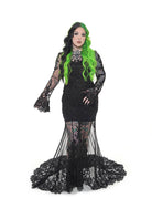Kayla dress by Bête Noire featuring sheer lace sleeves and high neckline with intricate black embroidery