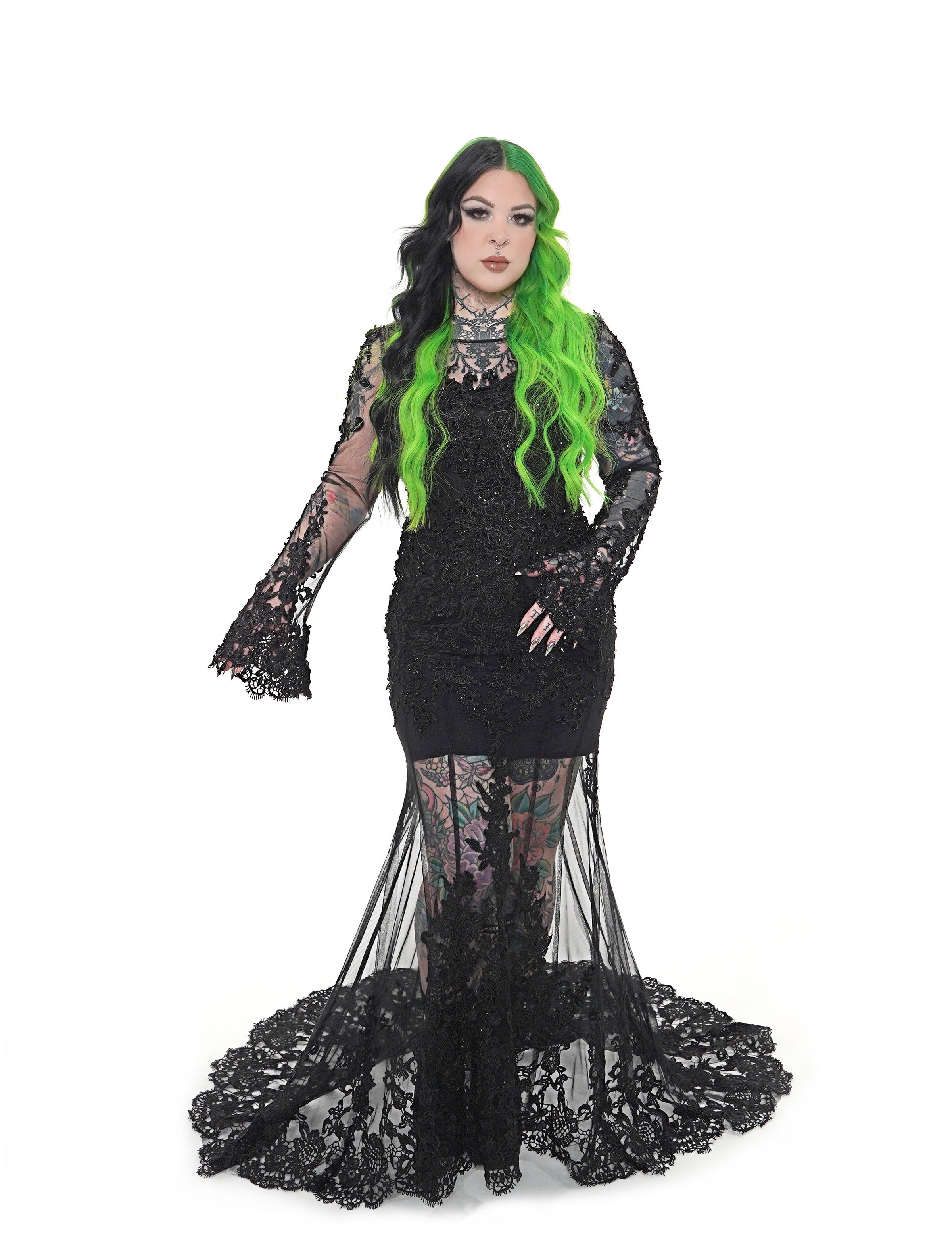 Kayla dress by Bête Noire featuring sheer lace sleeves and high neckline with intricate black embroidery
