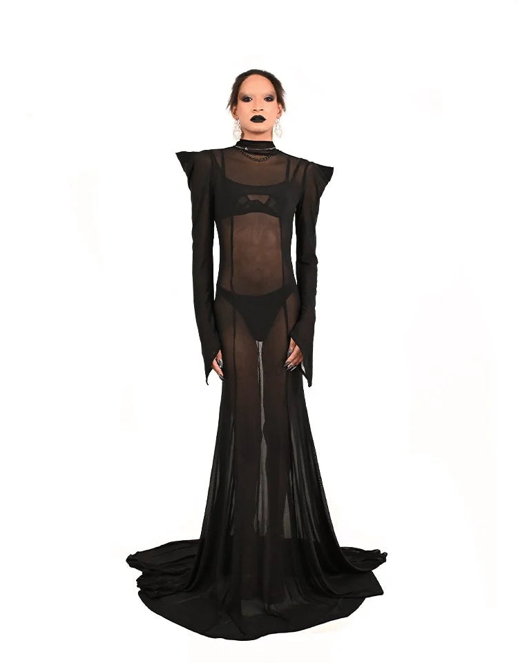 Bête Noire Midnight Mass black sheer gothic gown with bold shoulders