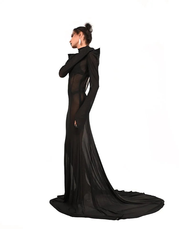 Black sheer gothic gown with dramatic silhouette