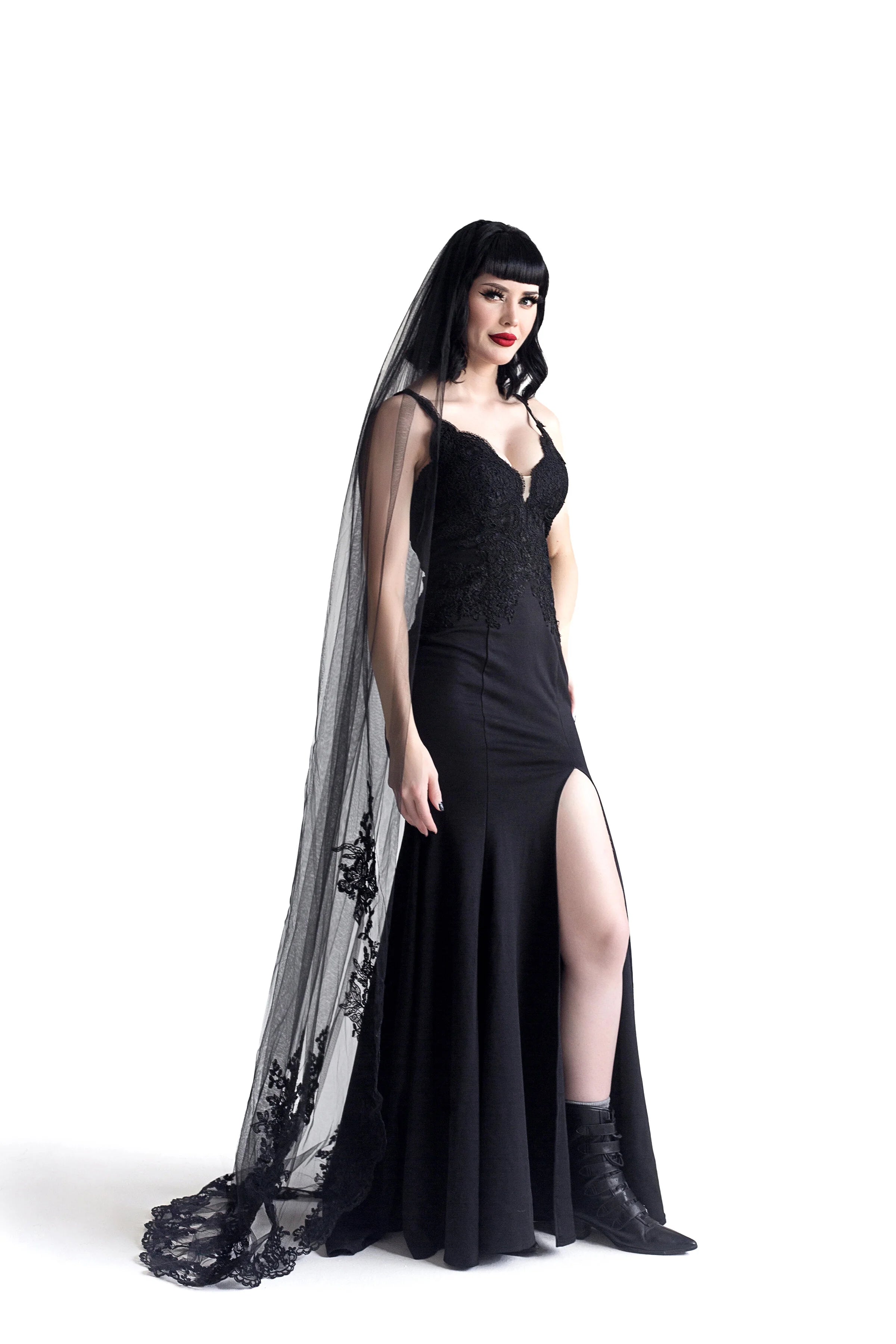 Back view of Montague long black veil with flowing train