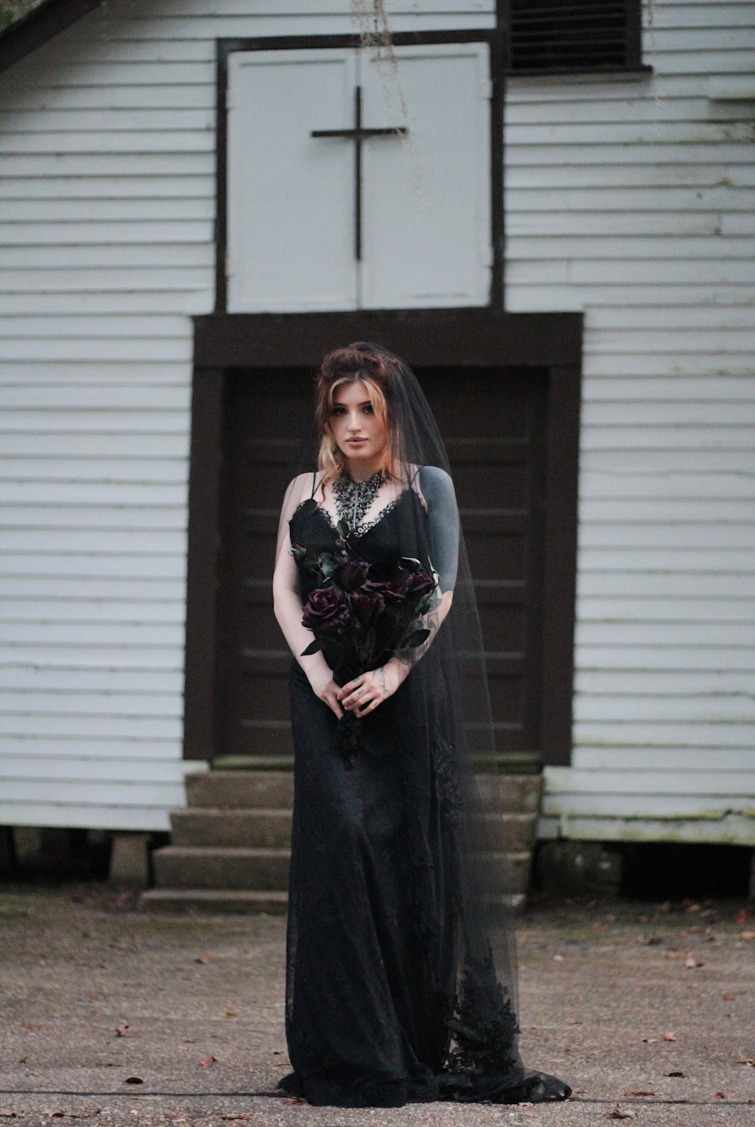 Montague black veil styled with gothic wedding gown
