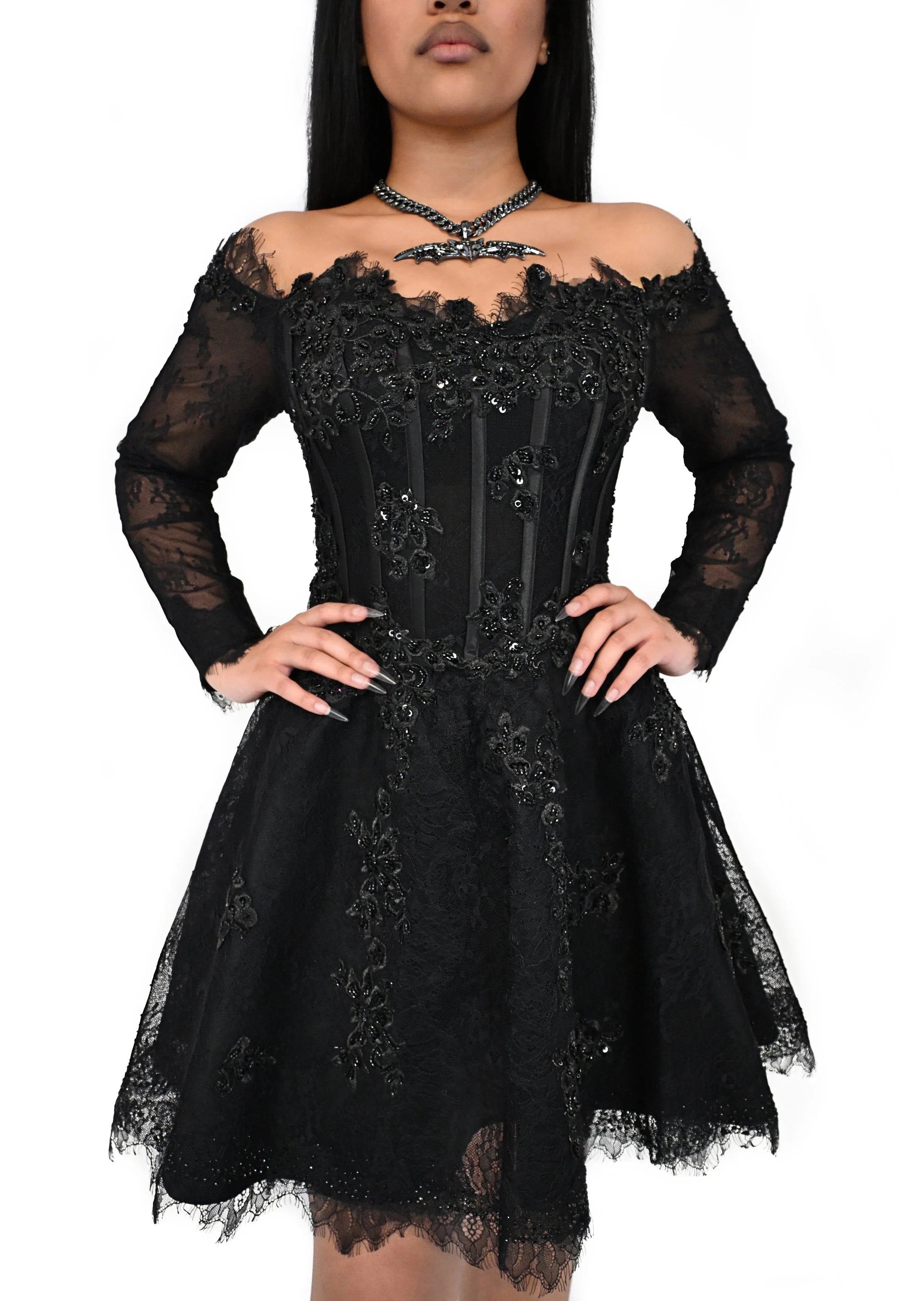 Close up of sheer corset bodice and boning on Nocturne dress