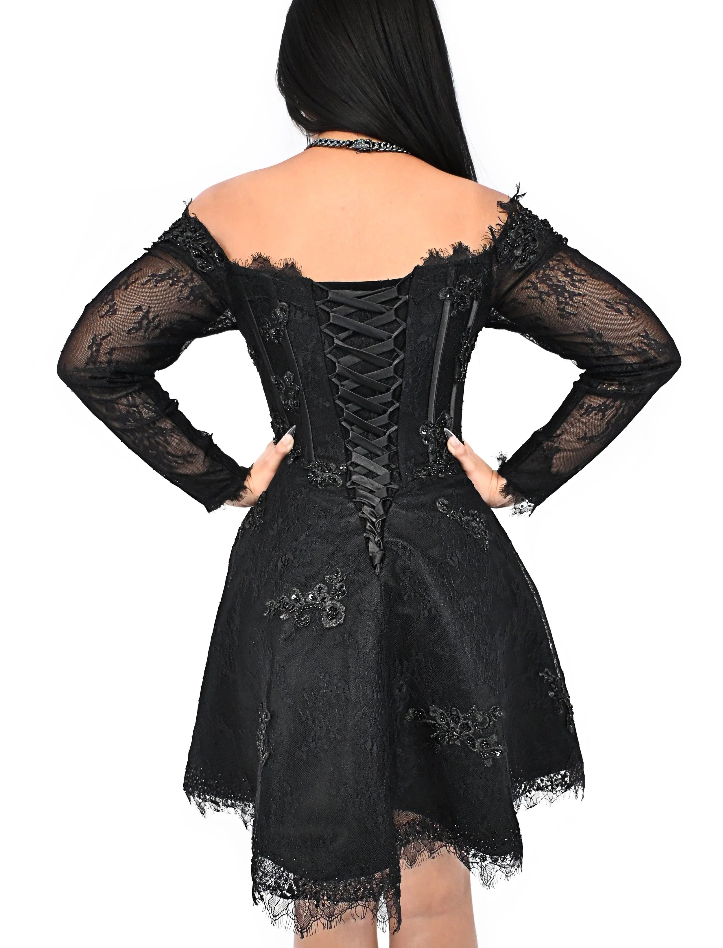 Back view of Nocturne mini dress with corset closure