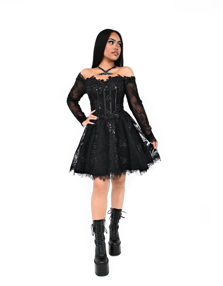 Bête Noire Nocturne gothic mini dress with sheer corset bodice