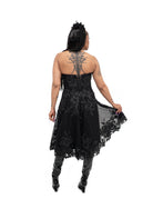 Back view of Bête Noire Nyx dress featuring corset lacing with zipper closure and layered black lace skirt