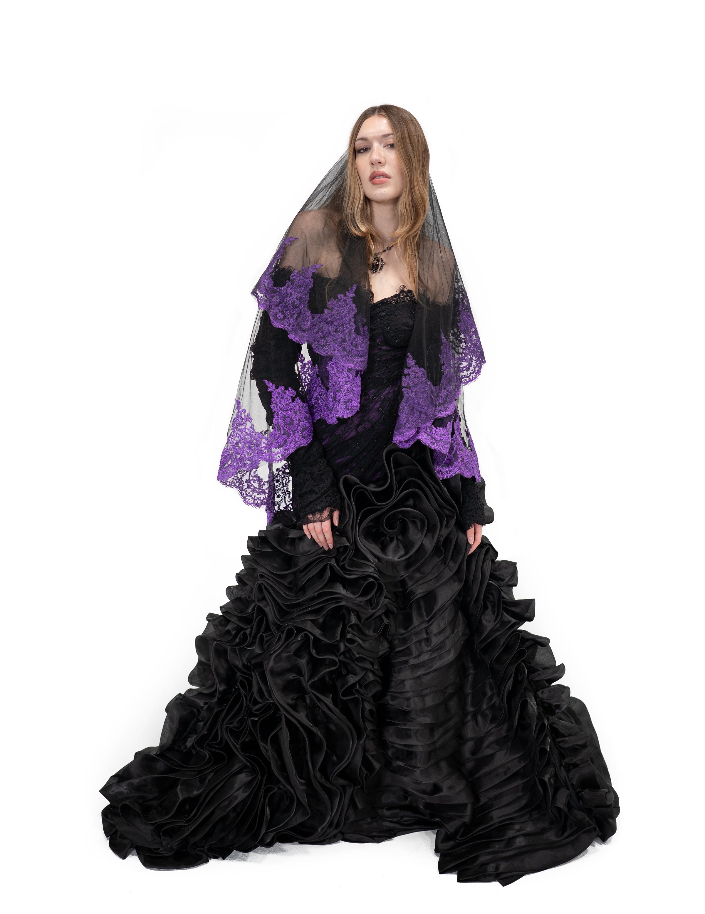 Back view of Oath veil by Bête Noire featuring black sheer tulle with dark purple lace edging