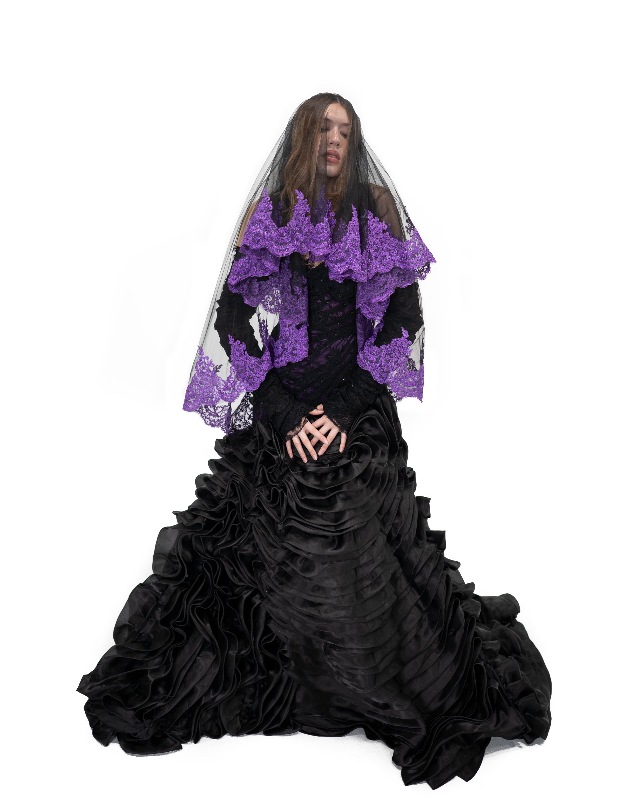 Back view of Oath veil by Bête Noire featuring black sheer tulle with dark purple lace edging