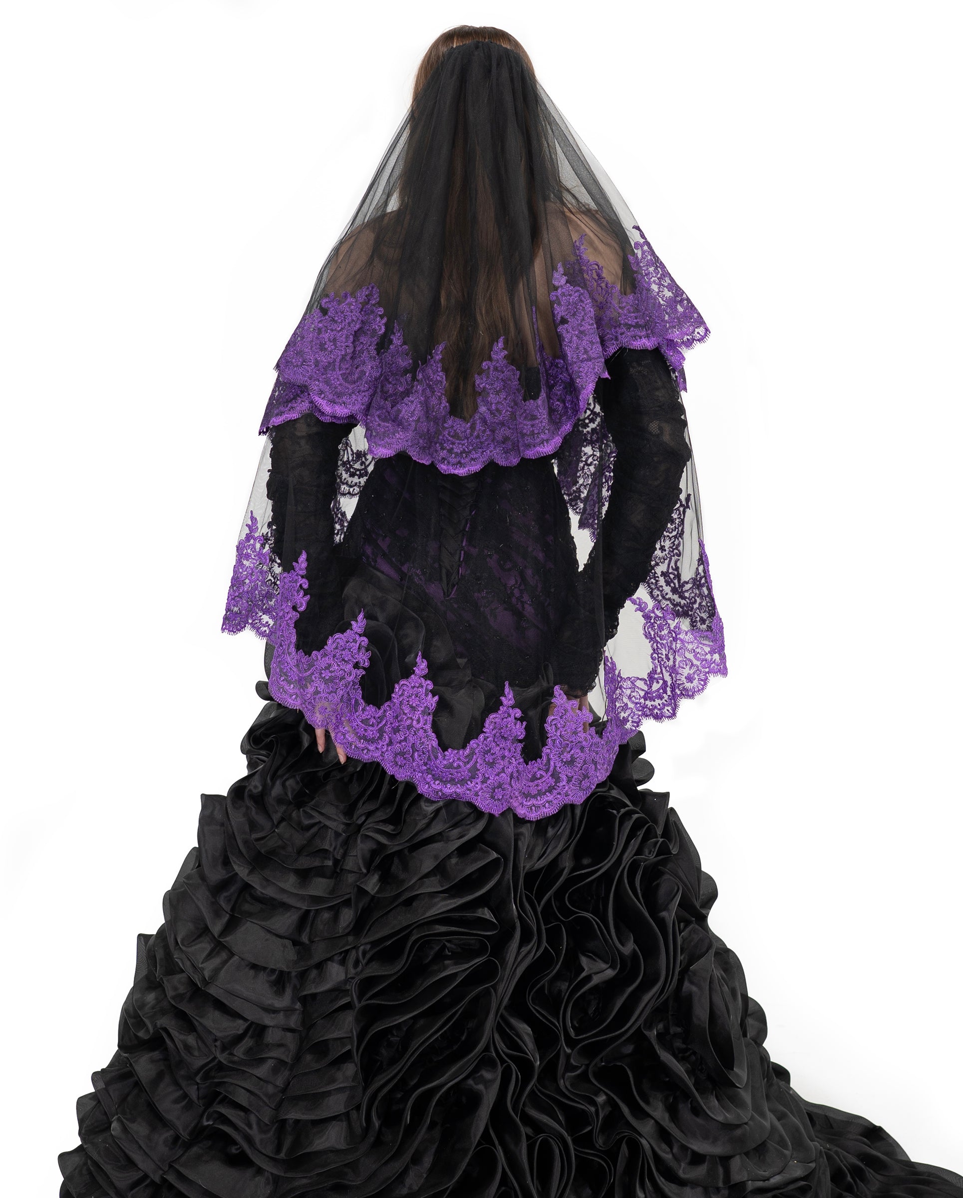 Back detail of Oath veil by Bête Noire with scalloped dark purple lace trim on black tulle