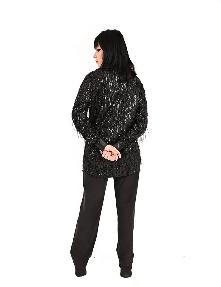 Back view of Obscura black long sleeve sequin button up