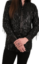 Close up of jet black sequins on Obscura button up shirt