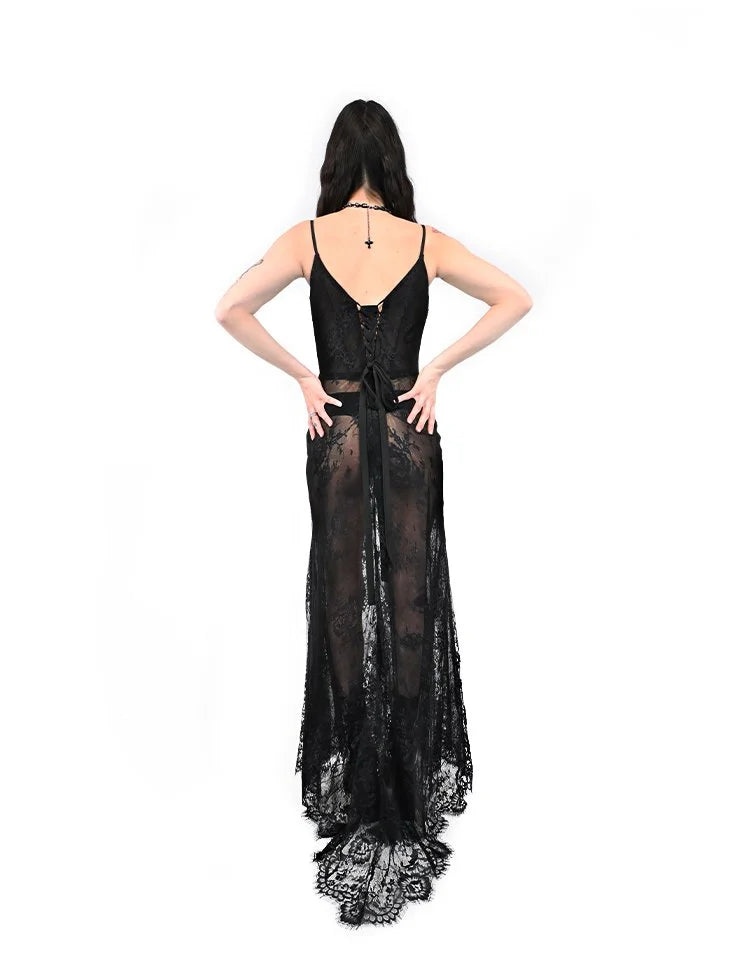 Back view of Perdition lace dress with corset closure