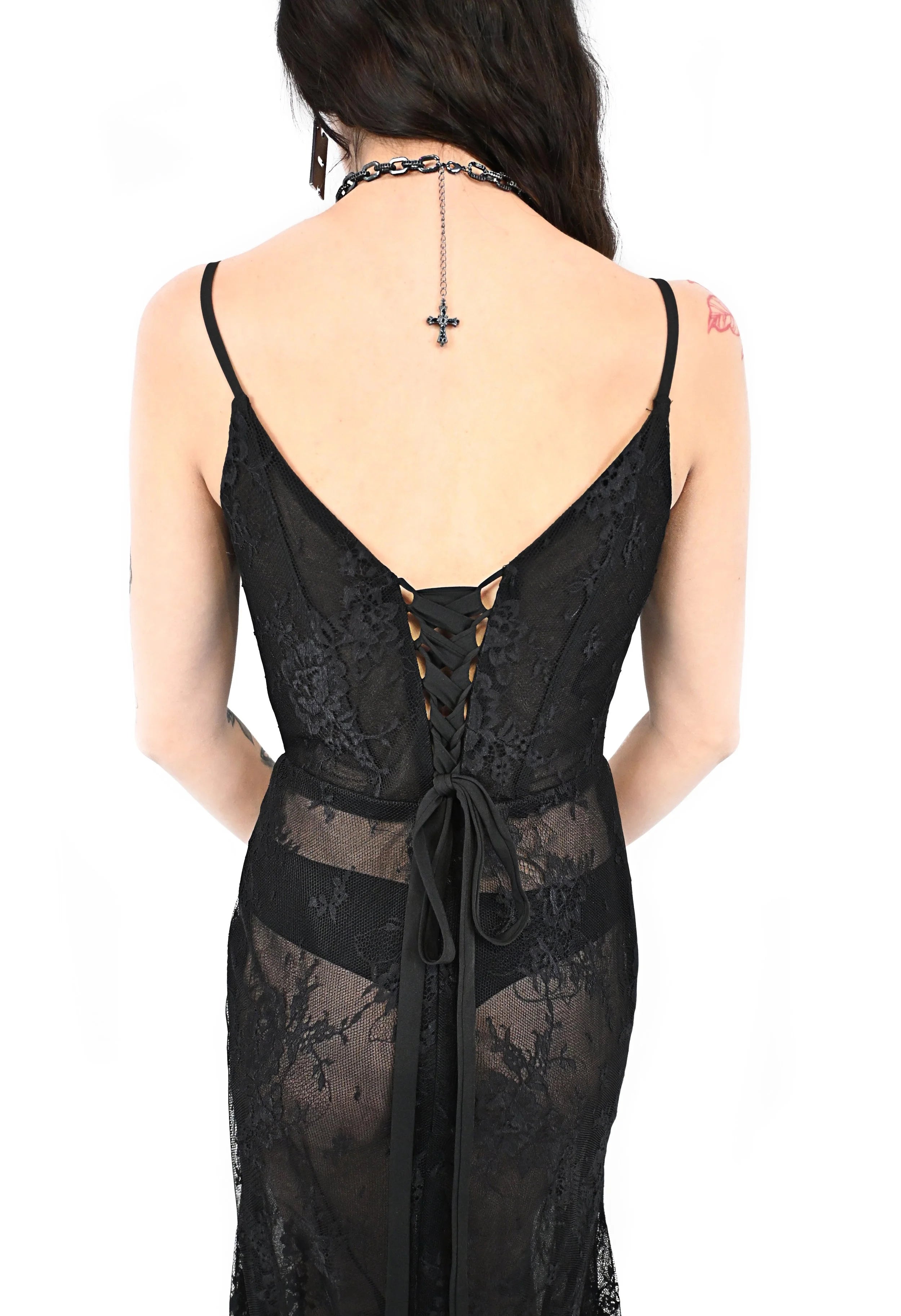 Close up of sheer lace fabric on Perdition dress