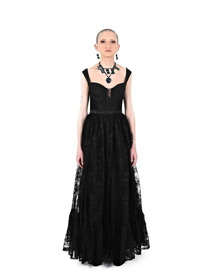Exposed corset boning and sheer bodice on Purgatory dress