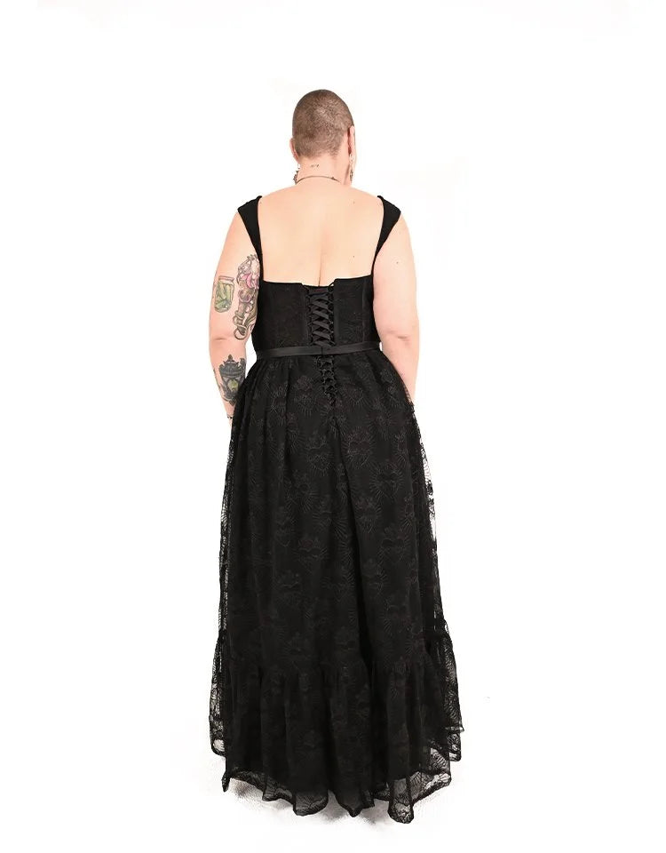Back view of Purgatory lace dress with structured bodice