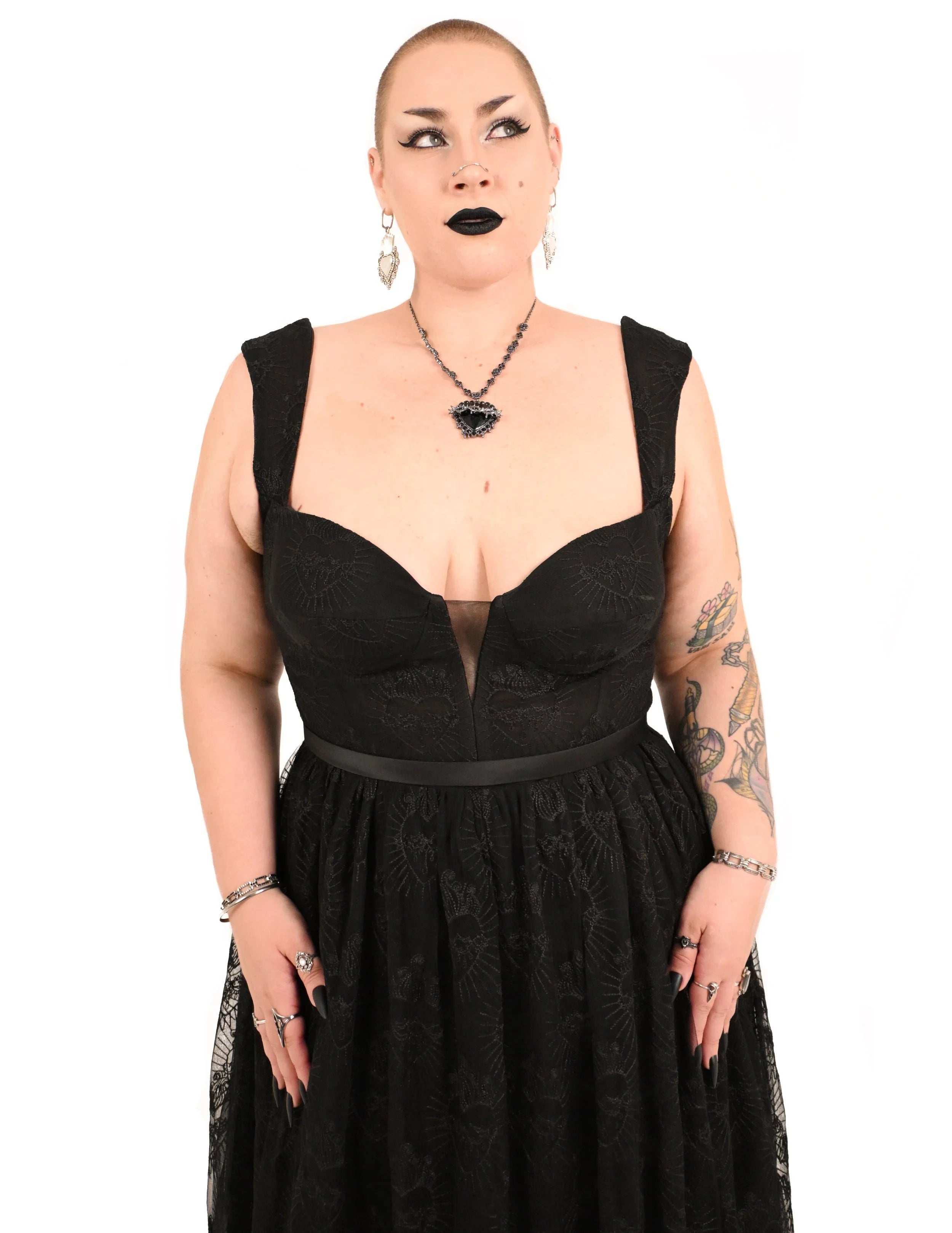 Close up of sacred heart couture lace on Purgatory dress