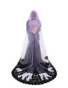 Purple chapel length veil with black lace edge, back view, gothic bridal by Bête Noire