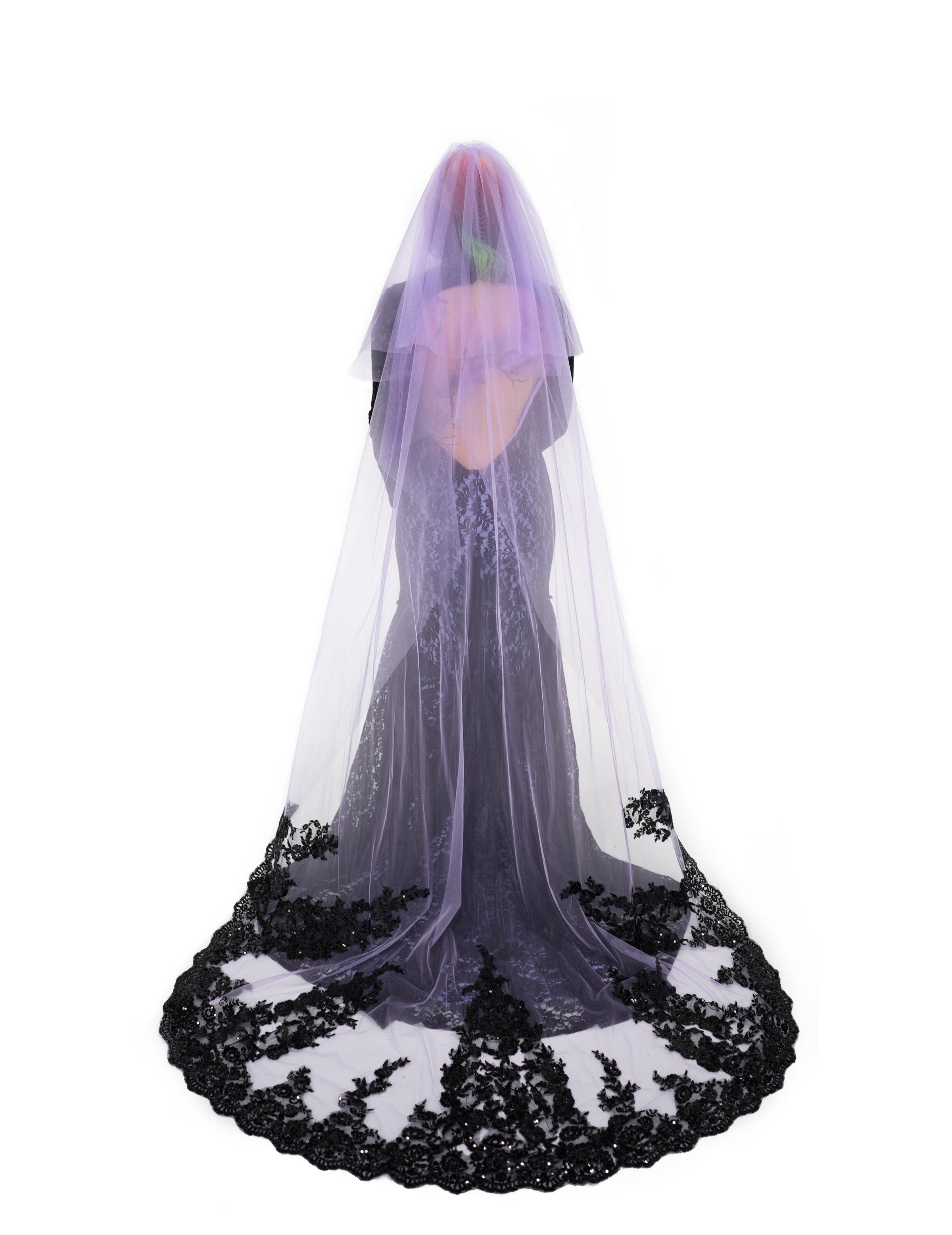 Purple chapel length veil with black lace edge, back view, gothic bridal by Bête Noire