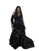 Front view of model wearing the Raven Veil by Bête Noire, a sheer black two-tier veil with dark romantic styling