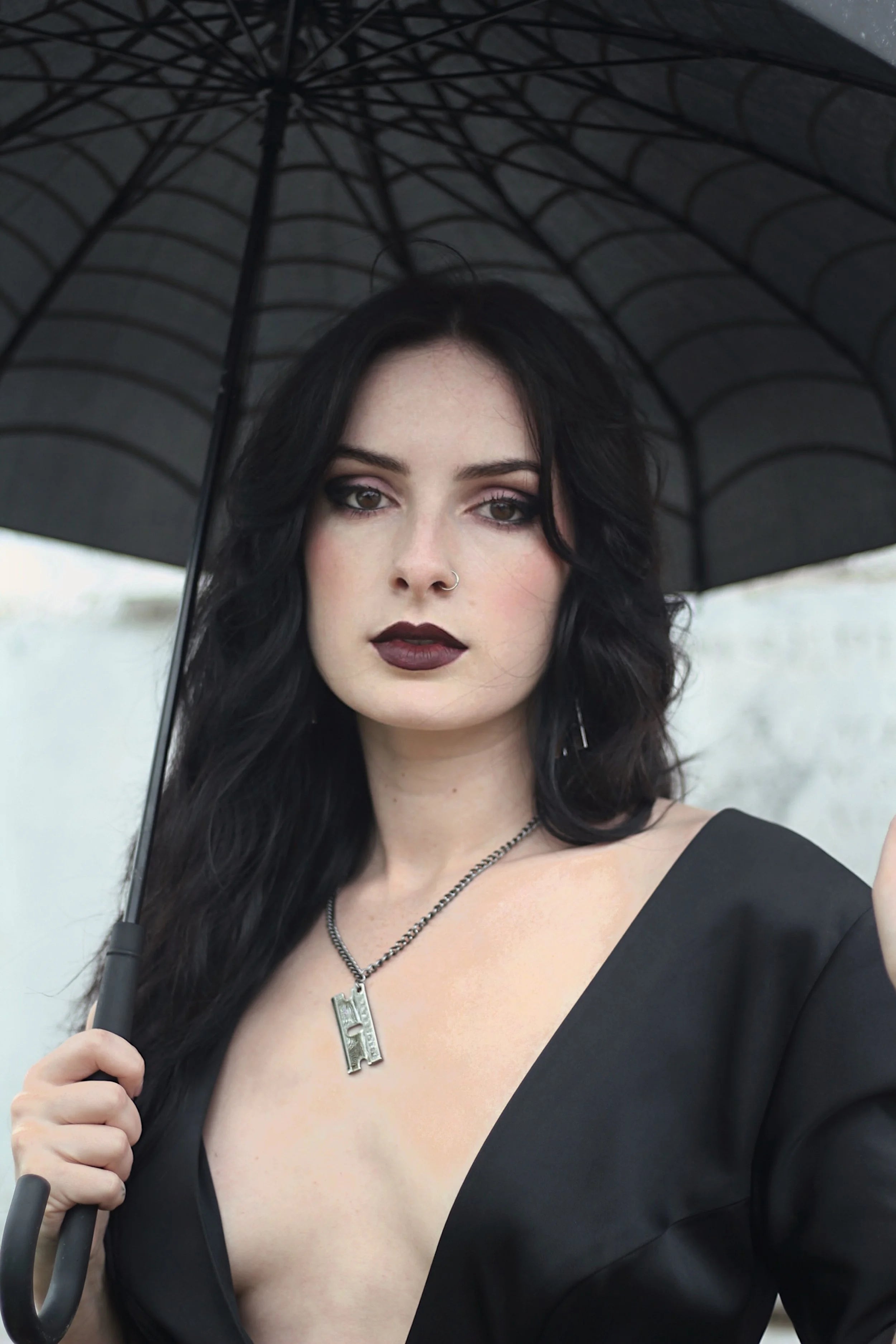 Relentless Razor necklace styled with alternative gothic outfit