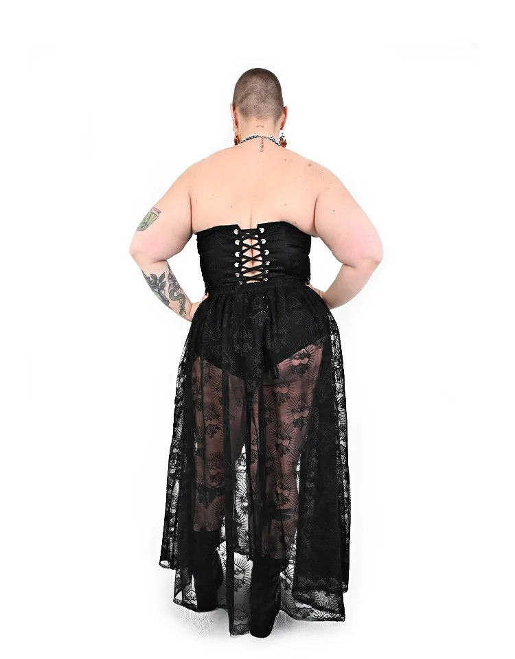 Back view of Requiem sheer lace maxi skirt