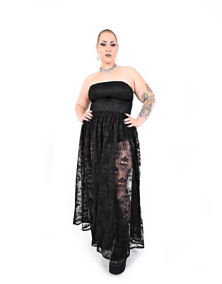 Black gothic maxi skirt featuring sacred heart couture lace