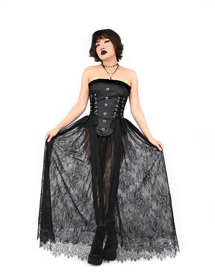 Black gothic lace maxi skirt with flowing silhouette