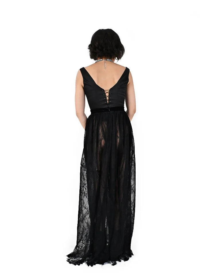 Back view of Revenant lace maxi skirt with decorative hem