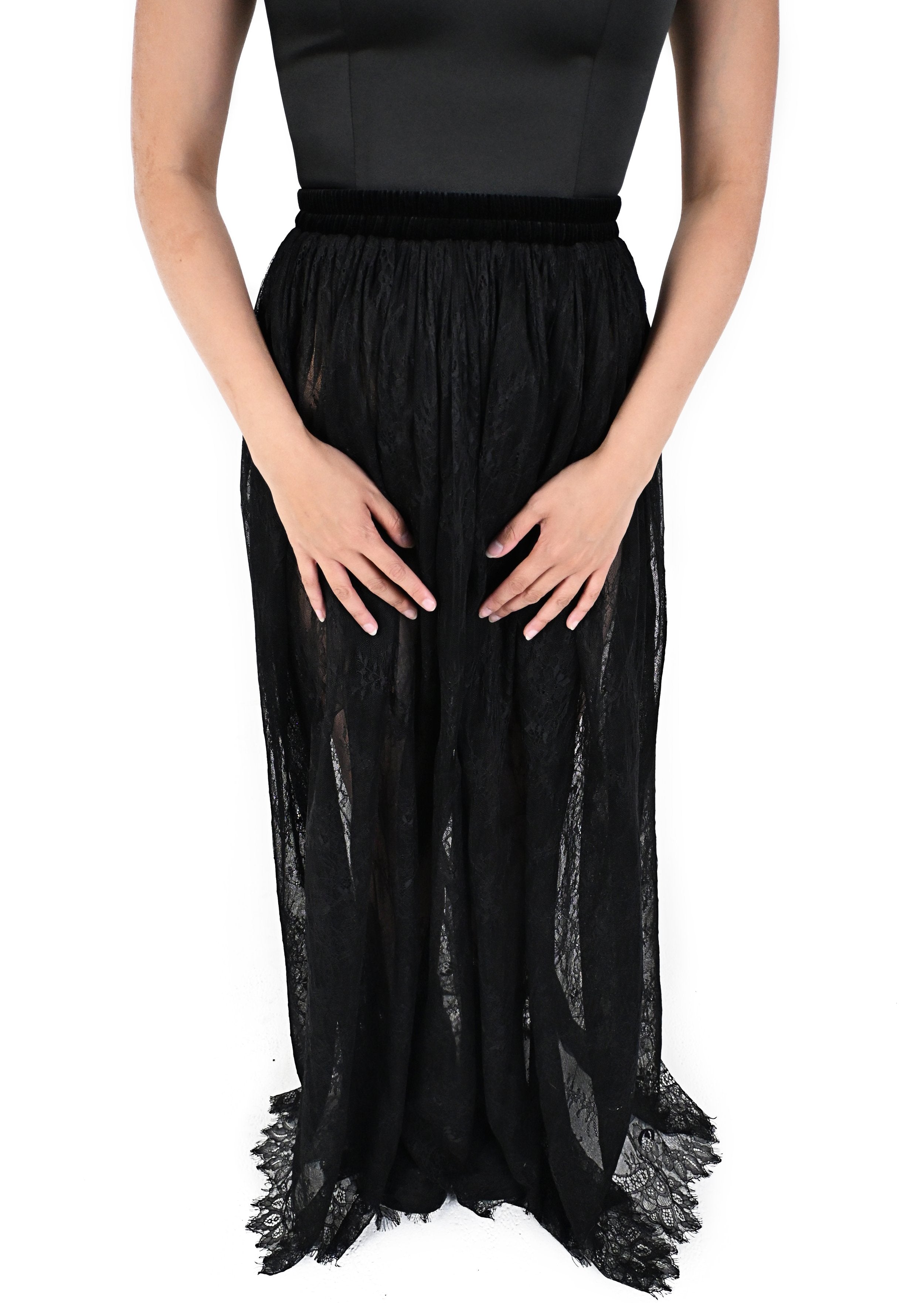 Velvet trimmed waistband detail on Revenant lace skirt