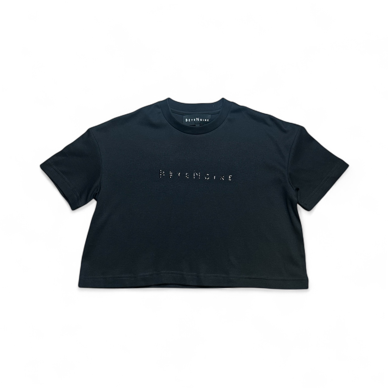 Bête Noire rhinestone logo crop top with black Austrian crystals