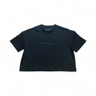 Bête Noire rhinestone logo crop top with black Austrian crystals