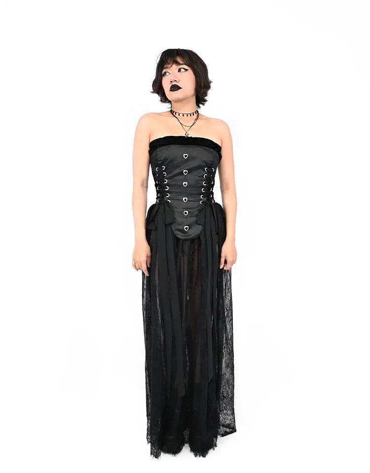 Bête Noire Sacred Darkness black satin gothic corset with velvet ruffle top