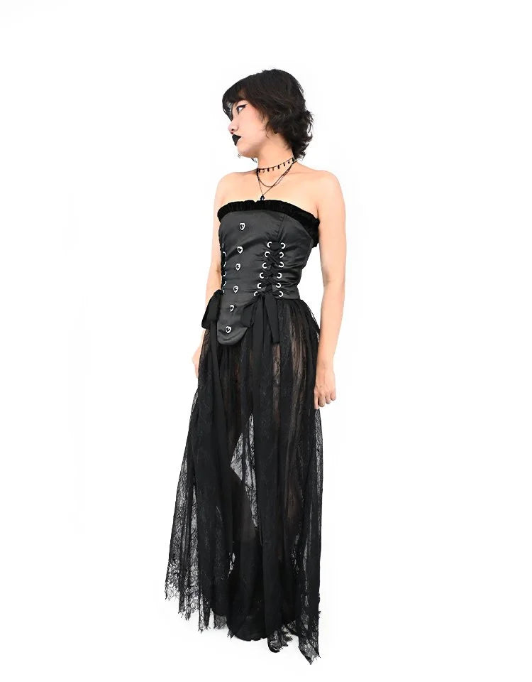 Close up of black satin fabric on Sacred Darkness corset